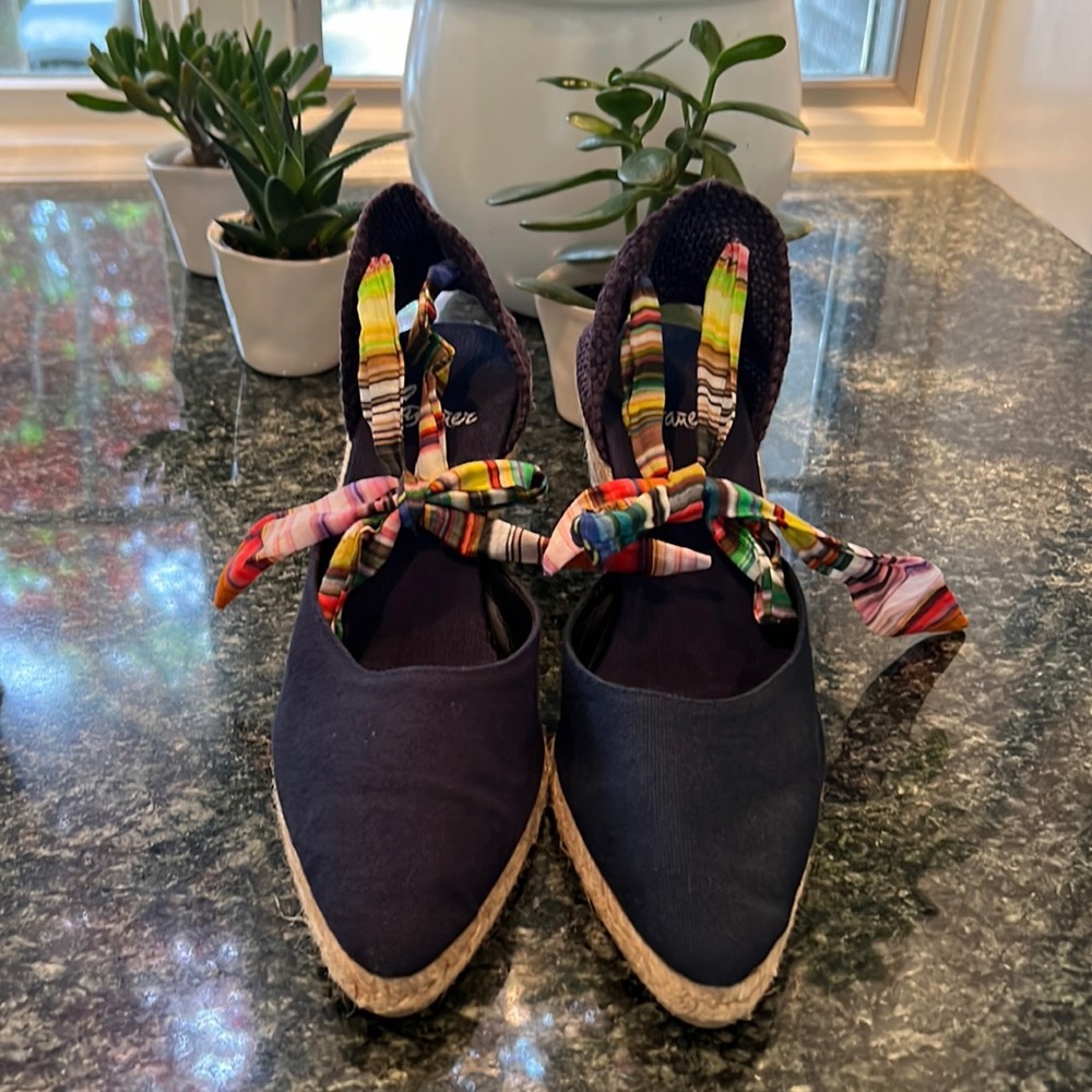 Castaner Navy Espadrille Wedges With Multicolor Stripe Ties